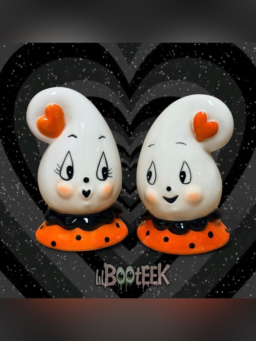 Johanna Parker Halloween Vintage Style Ghost Salt & Pepper Shakers Orange Heart